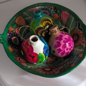 Colorful Hand-Painted Decorative Ornaments And Bowl. Mexican Pottery